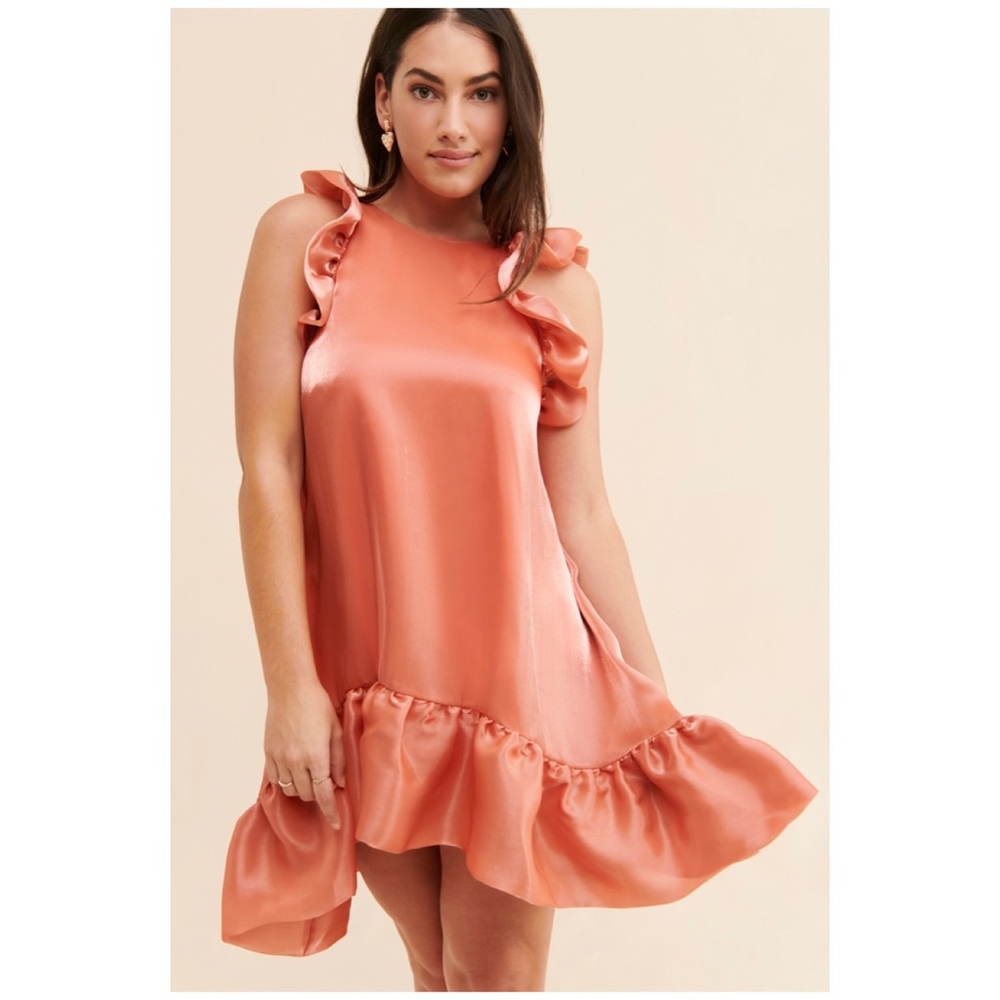 Elegant Ruffled Satin Dress in Coral